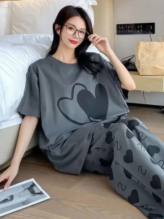 DOUBLE HEARTS PRINTED NIGHT SUIT - GREY