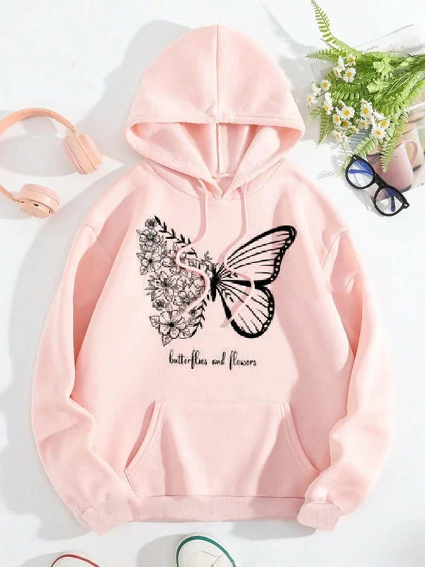 Pink Butterfly And Flower Printed Hoodie For Women