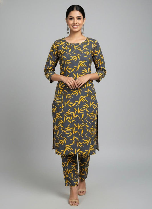 Grey Breeze Leaf Print Boski Linen