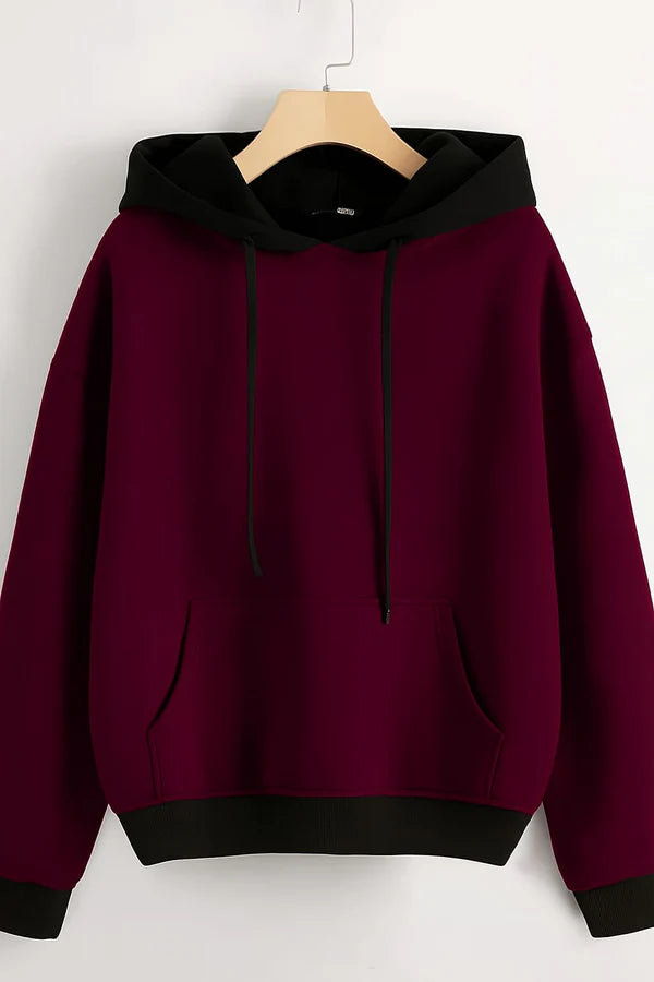 Maroon With Black Basic Kangaroo Hoodie