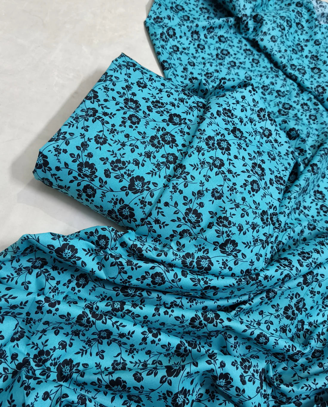 MICRO POLO COTTON- 2 PIECE-Ferozi With Black Flowers