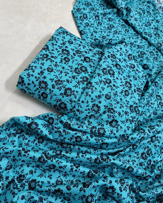 MICRO POLO COTTON- 2 PIECE-Ferozi With Black Flowers