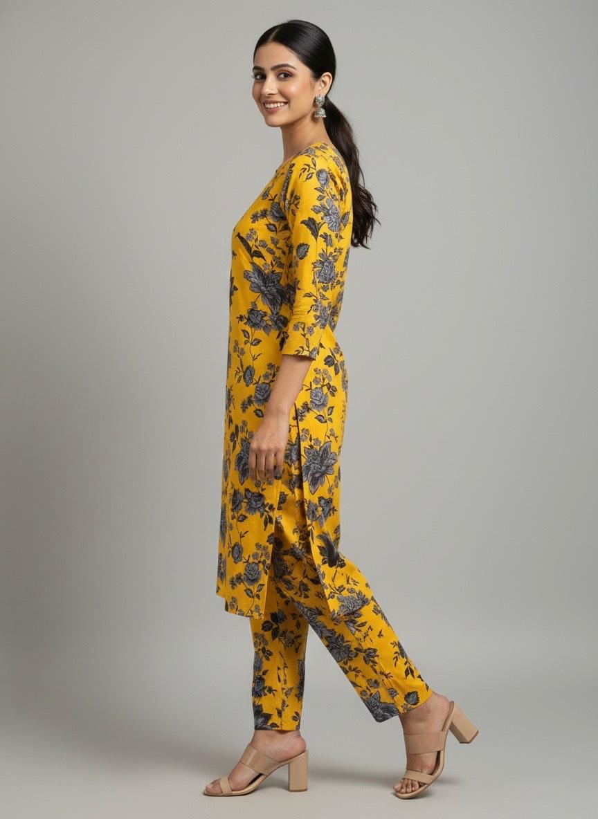 Mustard Gray Floral Boski Linen