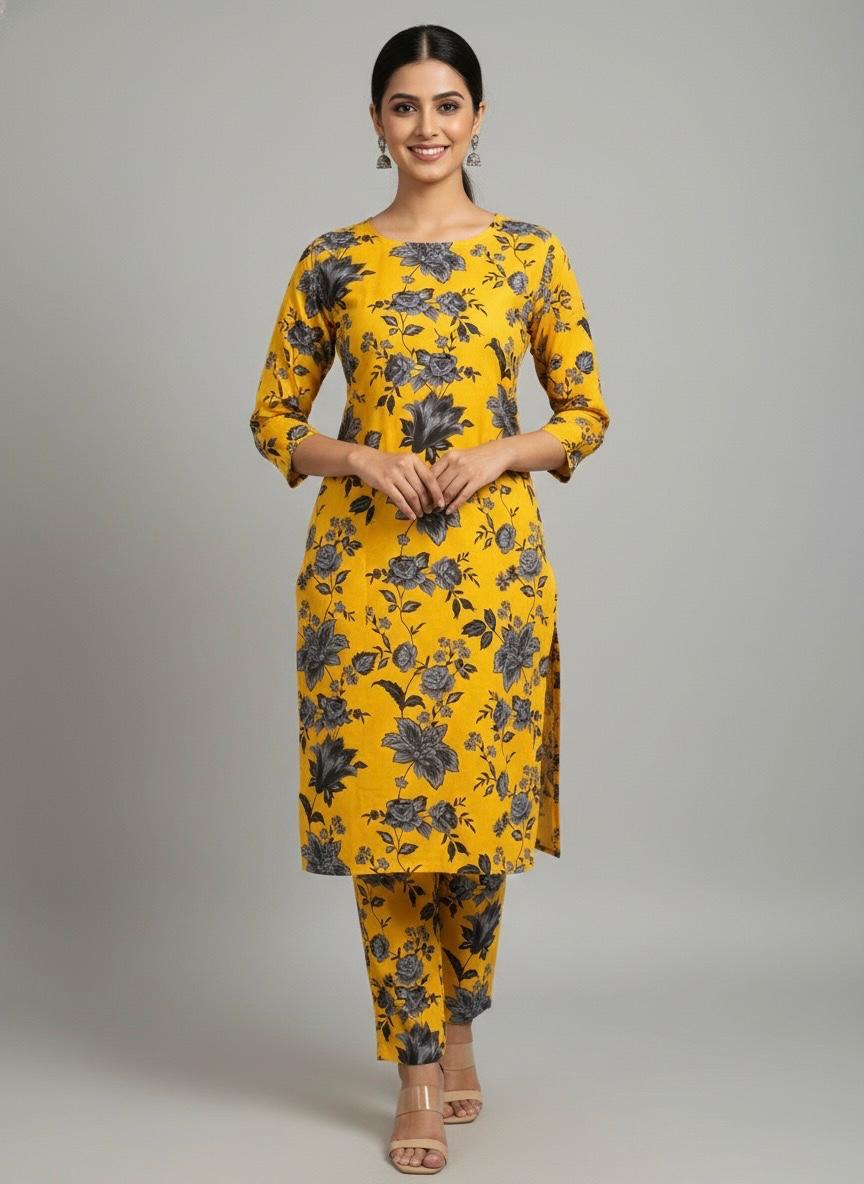 Mustard Gray Floral Boski Linen