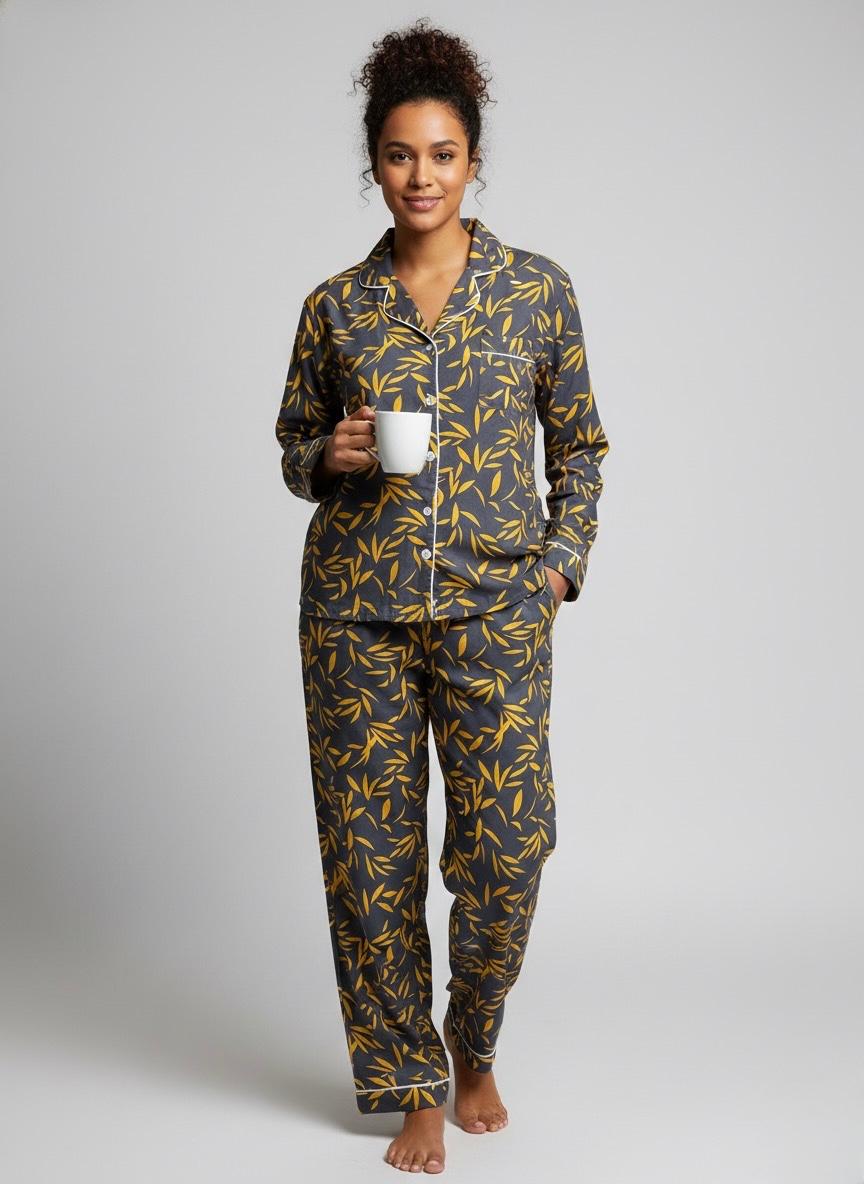 Grey Breeze Leaf Print Boski Linen