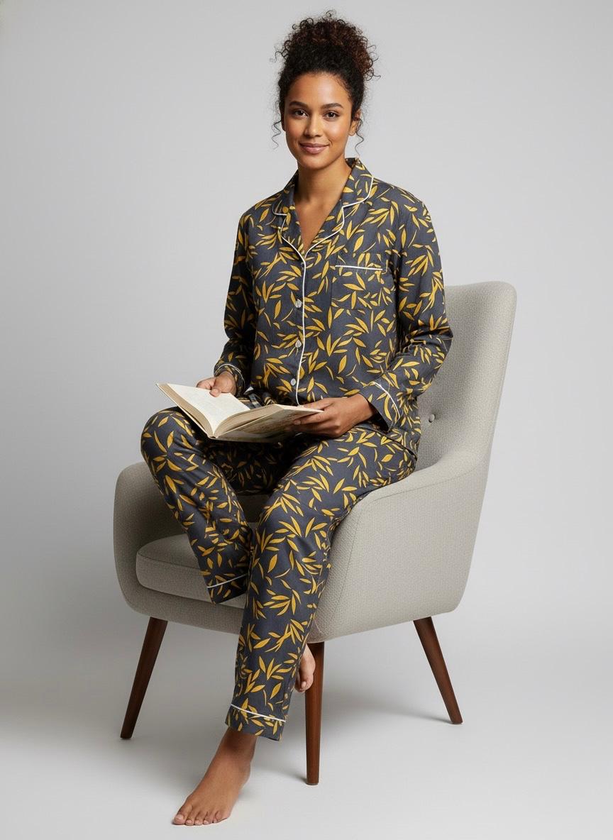 Grey Breeze Leaf Print Boski Linen